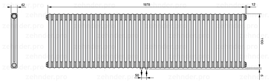 Схема (чертеж) Радиатор Zehnder Charleston 2110/43 №5410 Белый глянцевый RAL 9016